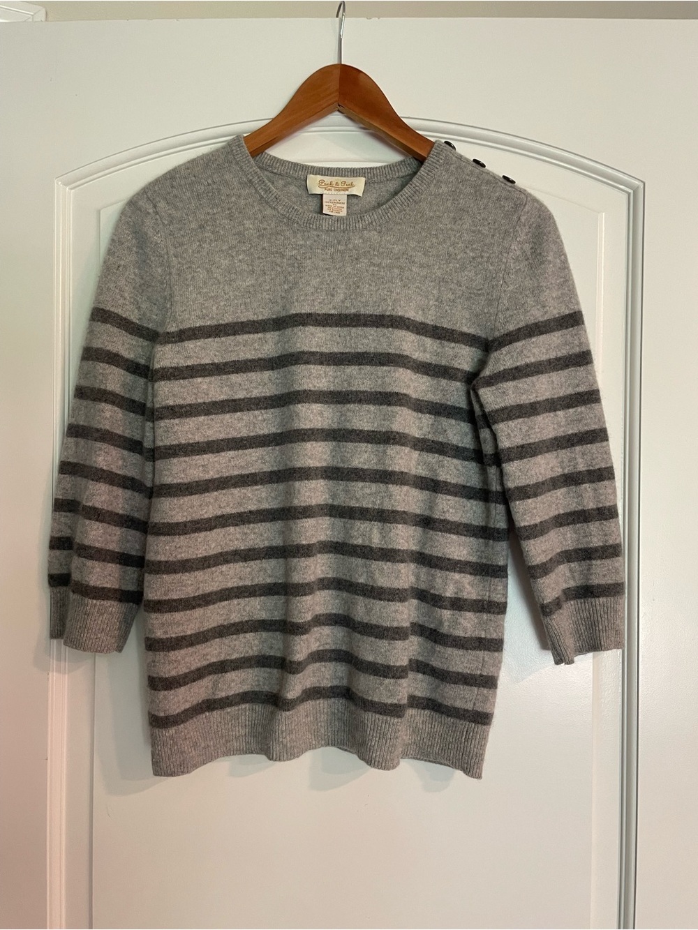 Peck & Peck 100% Cashmere Gray Striped Crew Neck Pullover Pocket 3/4 XL